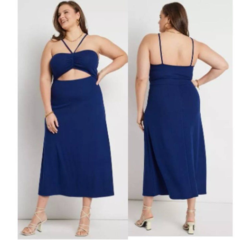 Eloquii‎ Plus Size Halter Neck Ribbed Stretch Midi Dress Flirty Party Blue